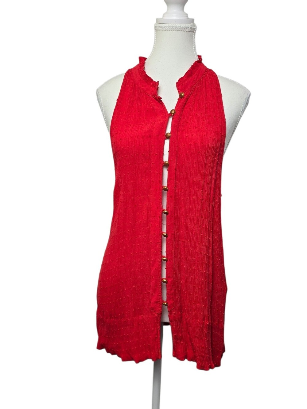 Maeve Anthropologie Red Gauzy Sleeveless High Neck Gold Button Blouse Size Large